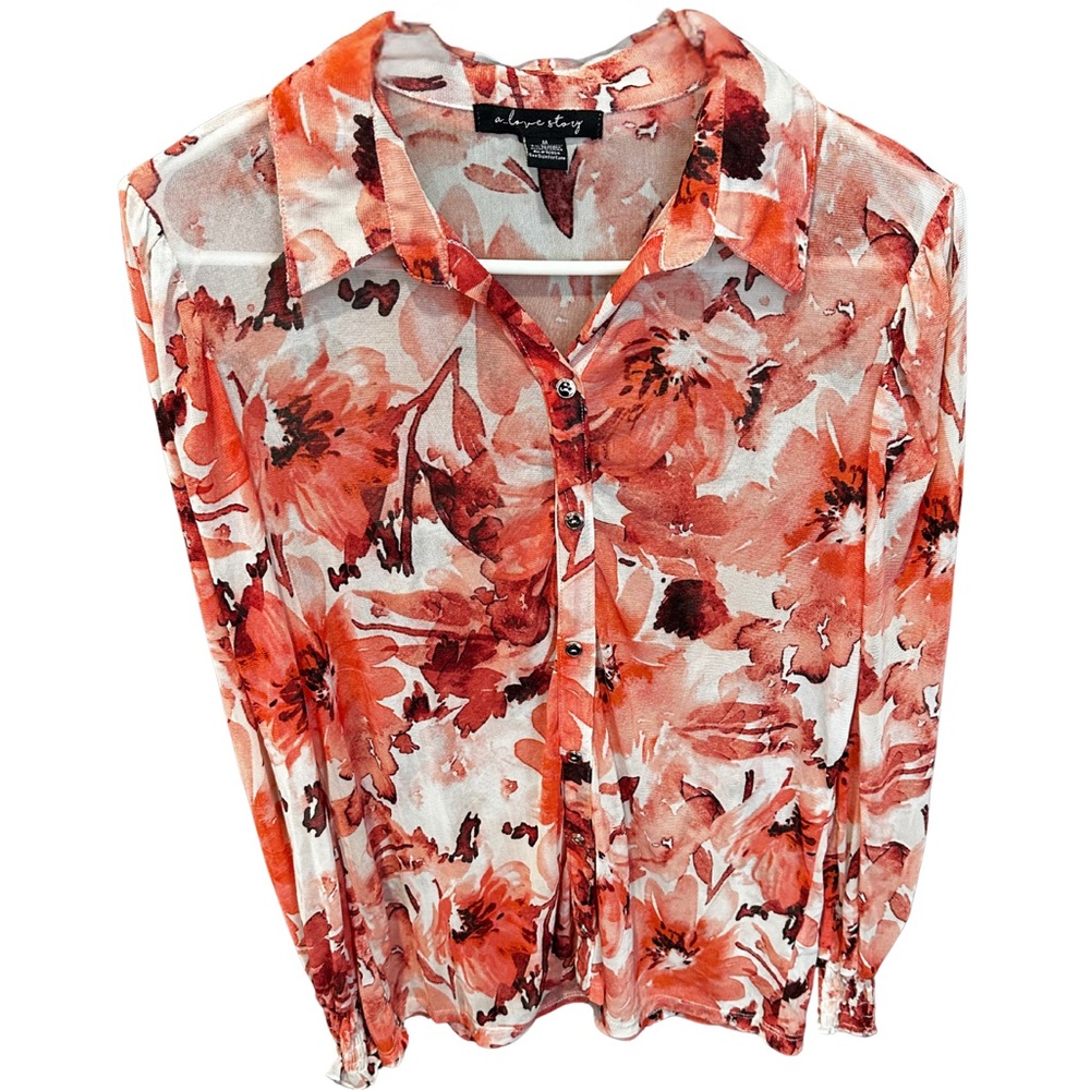 A Love Story | Sheer Floral Button Up Work Blouse | Cuff Detail | Size Medium